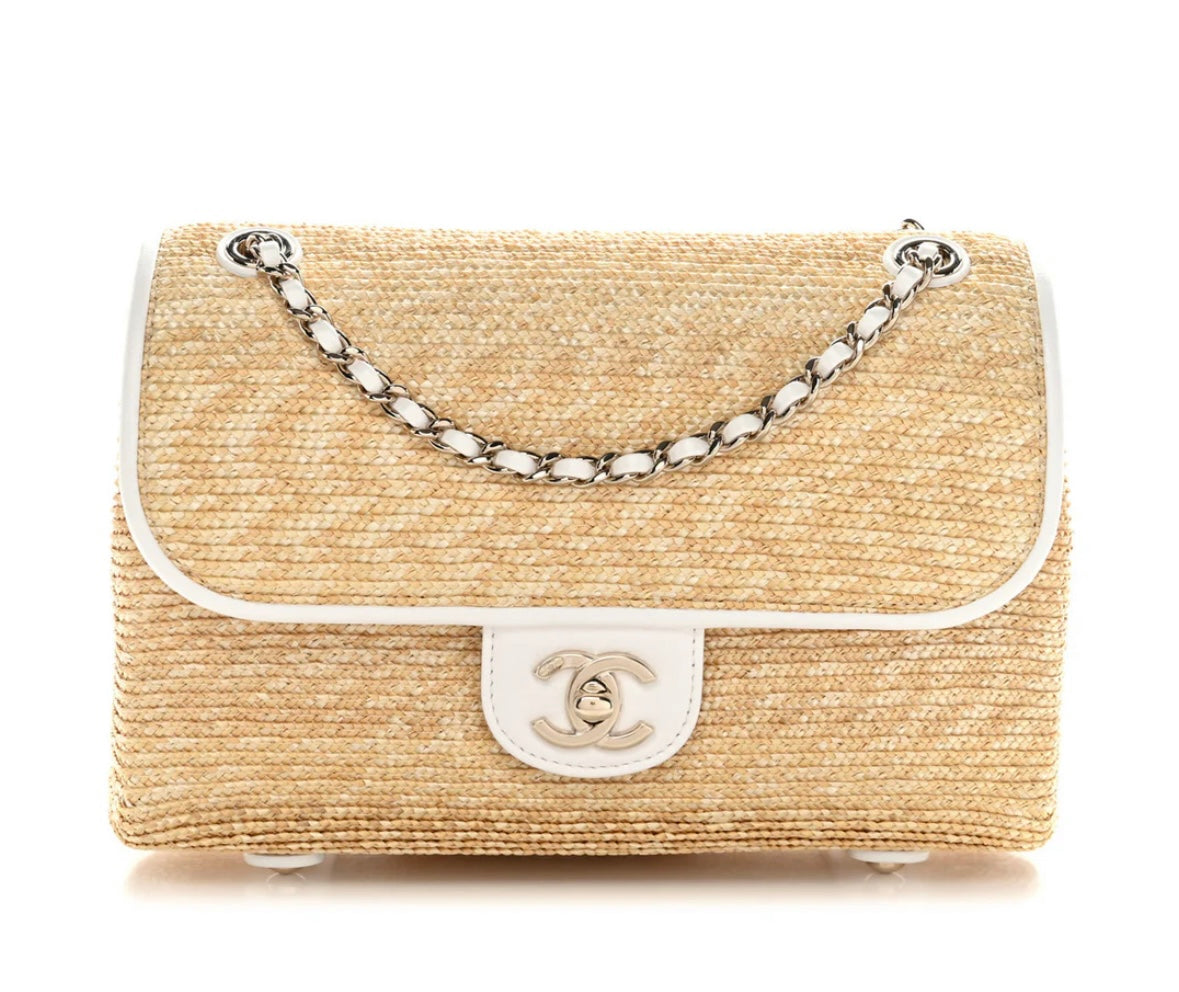 Raffia Lambskin Small Flap Bag Beige White