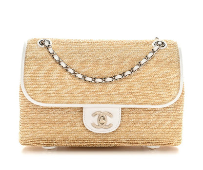 Raffia Lambskin Small Flap Bag Beige White