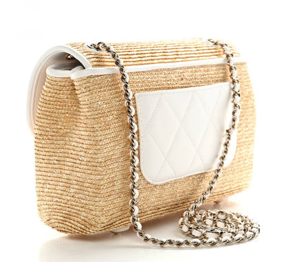 Raffia Lambskin Small Flap Bag Beige White